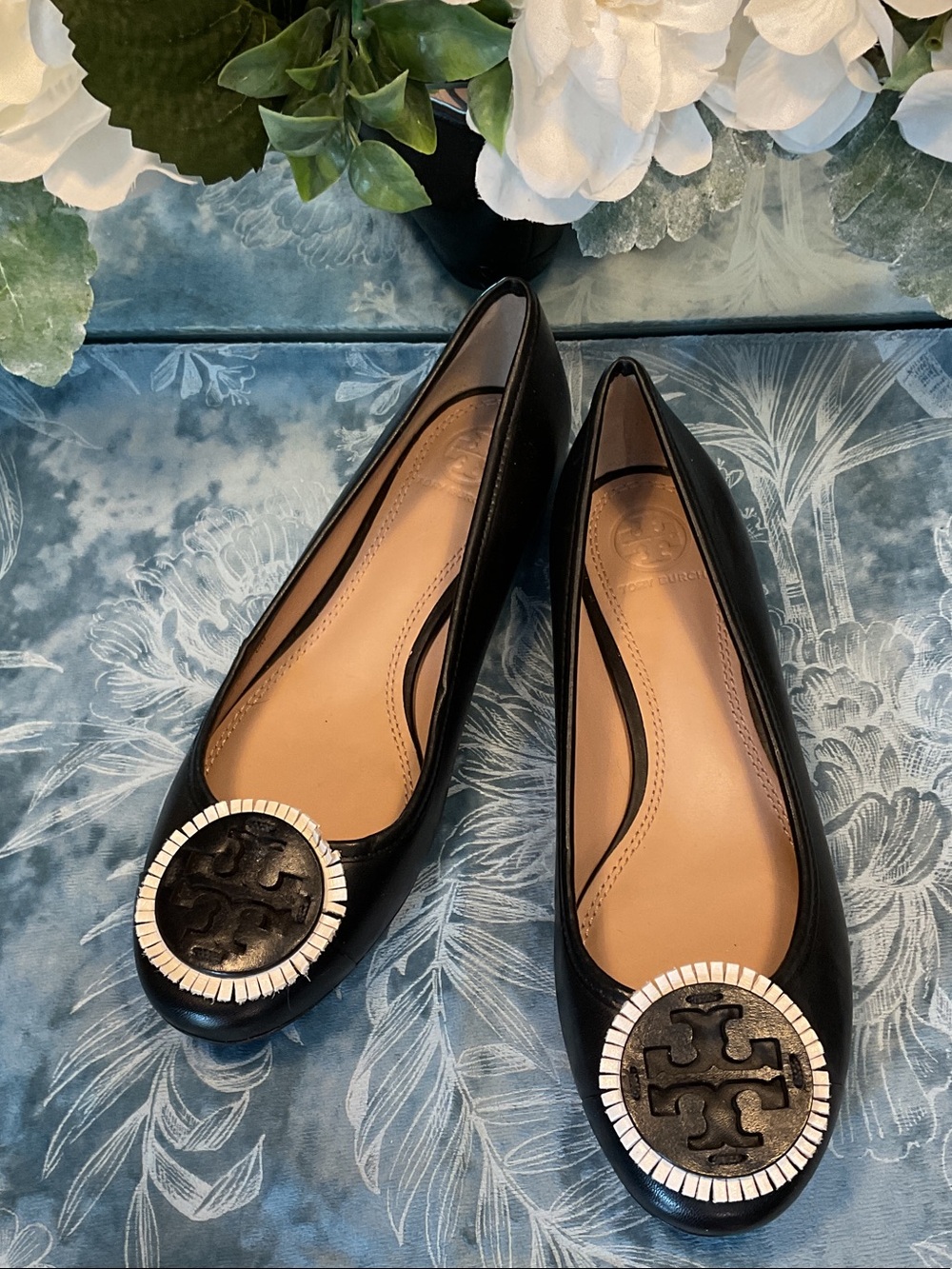 Tory Burch Black Leather Logo Medallion Flats